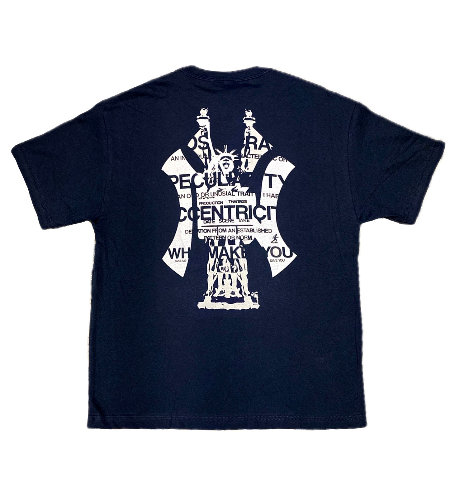 Navy t shirt with white screen print on a white background