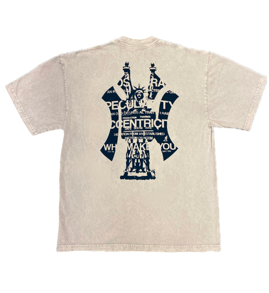 Heather grey t shirt with navy blue screen print on a white background