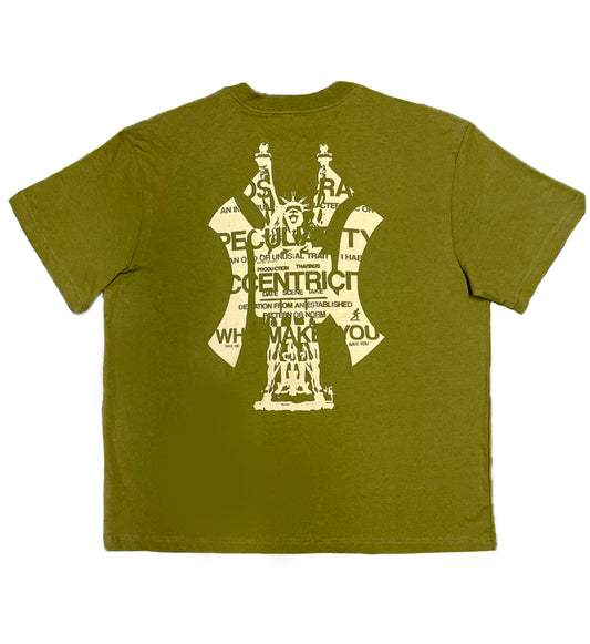 Green t shirt with a cream screen print on a white background