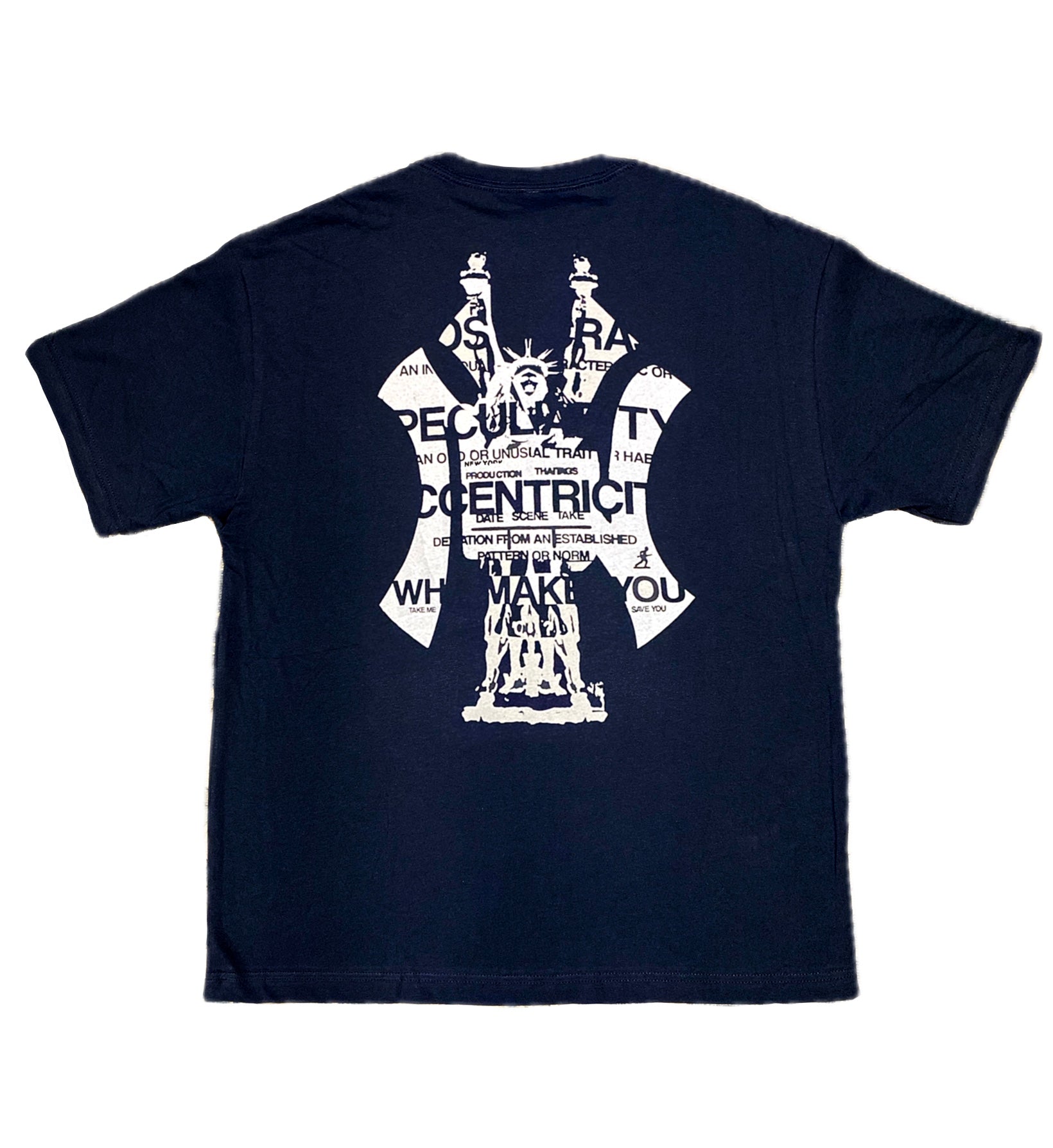 Navy t shirt with white screen print on a white background